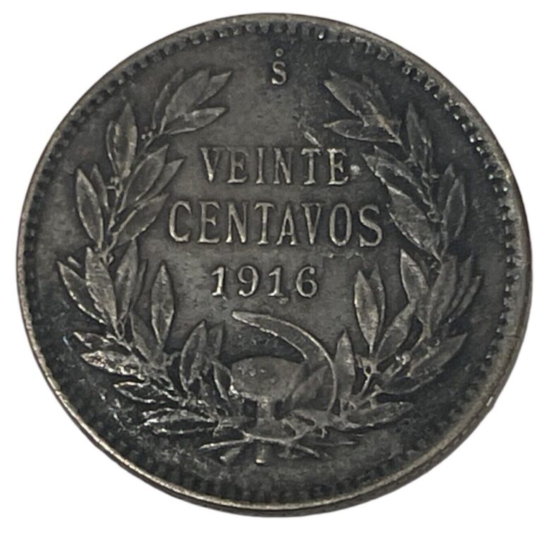Read more about the article 1916 Chile 20 Viente Centavos 0.45 Silver World Coin KM# 151.4 Lot B8-152 Condor