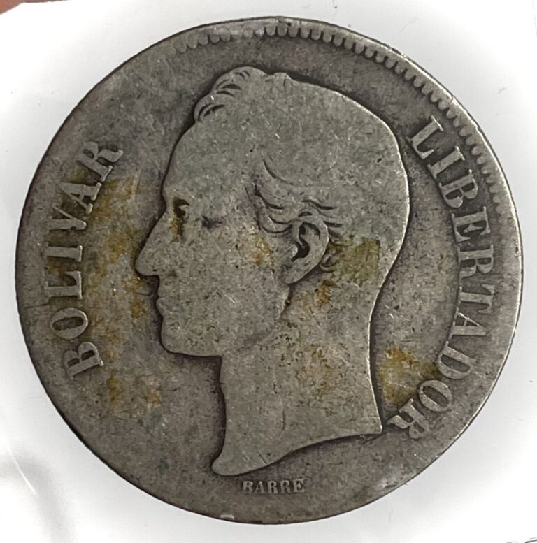 Read more about the article 1879 Silver Venezuela 5 Bolivares Coat Of Arms Simon Bolivar Coin Better Date