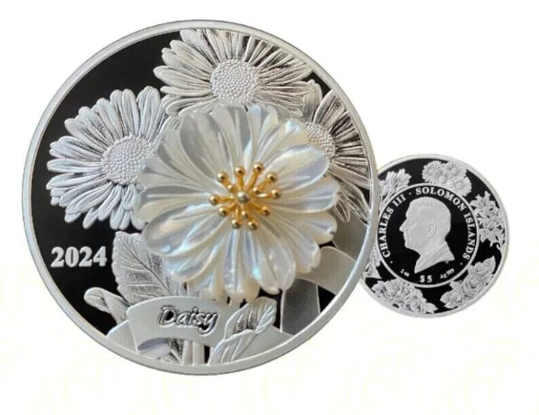 Read more about the article 2024 Solomon Islands Daisy 2 oz Silver Gilded Proof Coin with Mother of Pearl