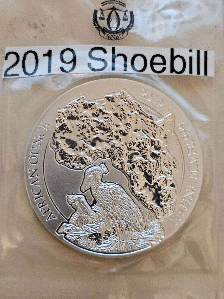 Read more about the article Most Collectable Proof 2019 Rwandan Shoebill 1 0z Silver coin Wildlife Series