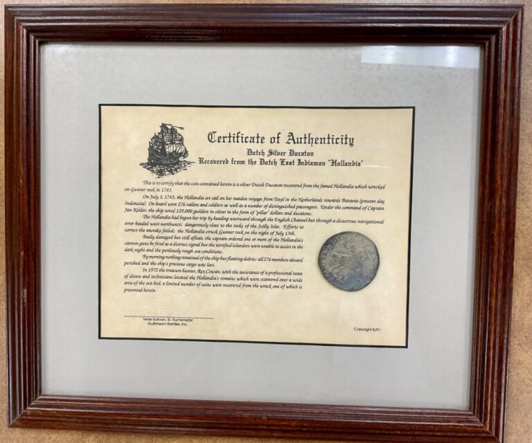 Read more about the article 1743 Ship Wreck Dutch Silver Ducaton coin from the “Hollandia” Framed on Cert