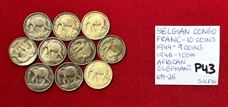 Read more about the article P43 Belgian Congo; Franc 1944 – 9 coins/1946 – 1 coin African Elephant  KM#26