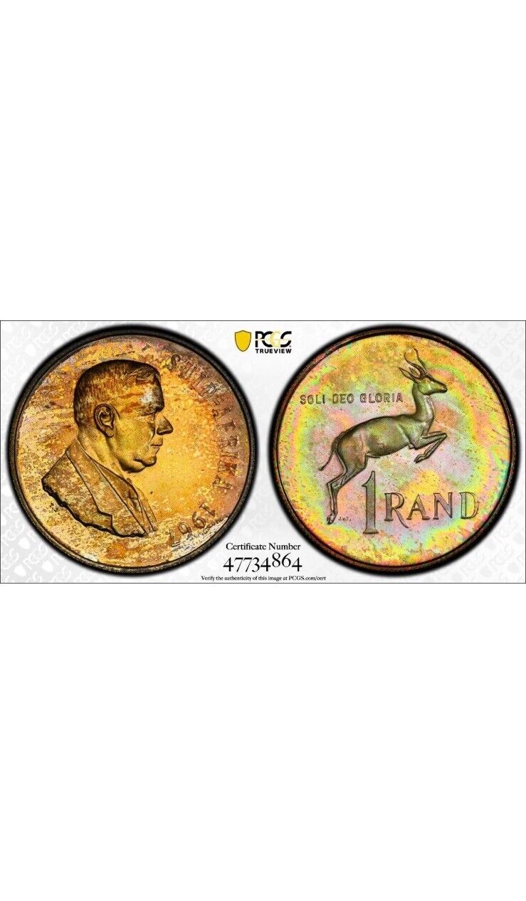 Read more about the article 1967 South Africa Afrikaans Silver Rand PCGS PR67 Gold Shield