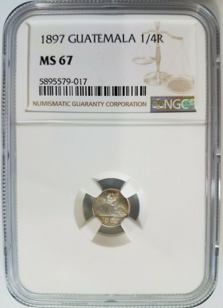Read more about the article 1897 Silver 1/4 Quarter REAL NGC MS 67 GUATEMALA One Fourth Reales Toned