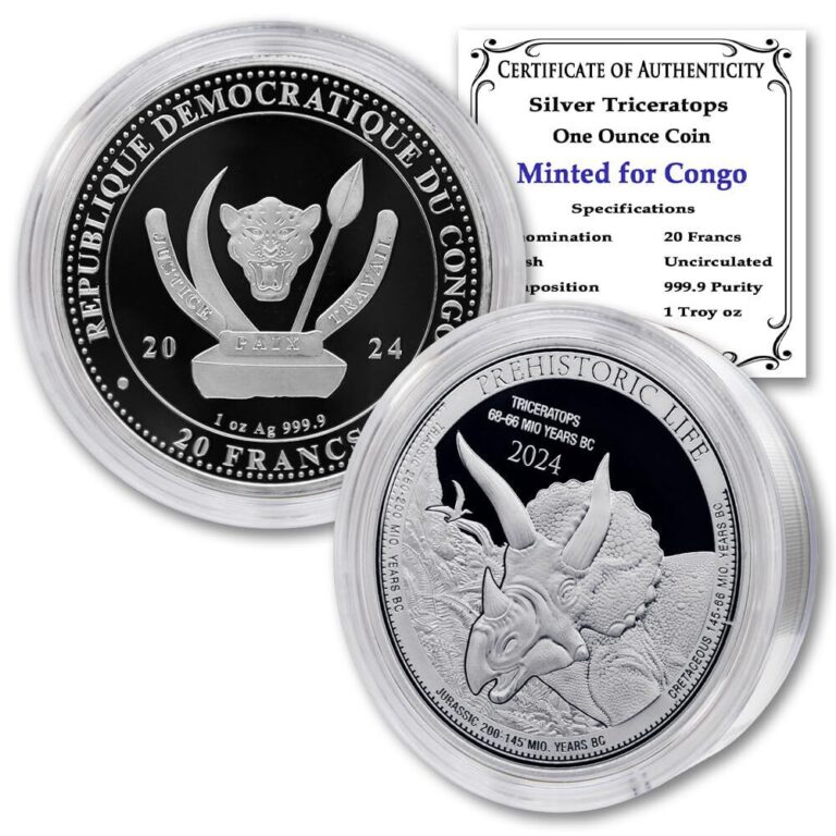 Read more about the article Congo 2024 1 oz Silver Triceratops BU (in Capsule) w/ CoA Brilliant Uncirculated