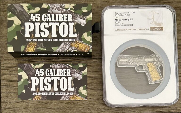 Read more about the article 2024 Chad 2oz Silver Coin .45 Caliber 1911 Pistol Handgun Shaped Gilded NGC MS69