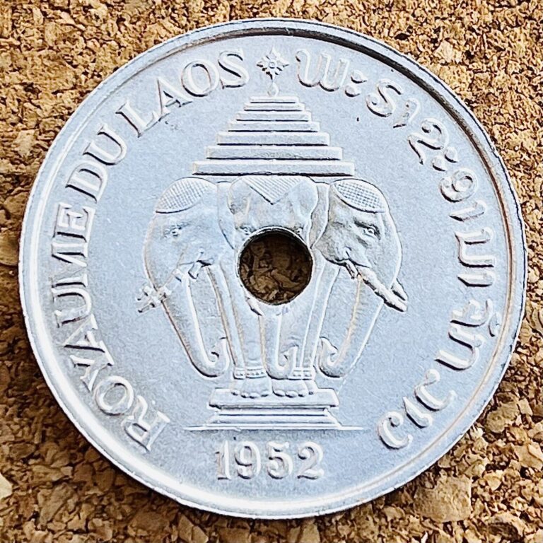 Read more about the article Laos 20 Cents 1952 Coin Foreign Money Sisavang Vong Royal Seal Elephant Aluminum