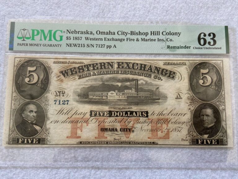 Read more about the article 1857 Western Exchange  Omaha City Nebraska $5 Five Dollar Bill PMG Certified