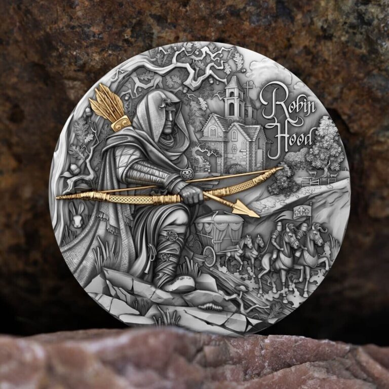 Read more about the article 2024 CAMEROON ROBIN HOOD 2 OZ SILVER ANTIQUED GILDED HIGH RELIEF COIN