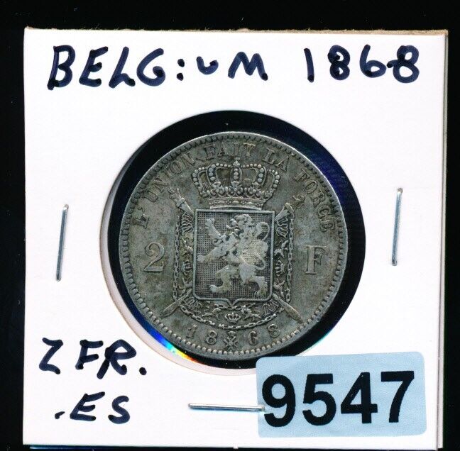 Read more about the article BELGIUM 2 FRANCS – 1868 SILVER – VF – #9547