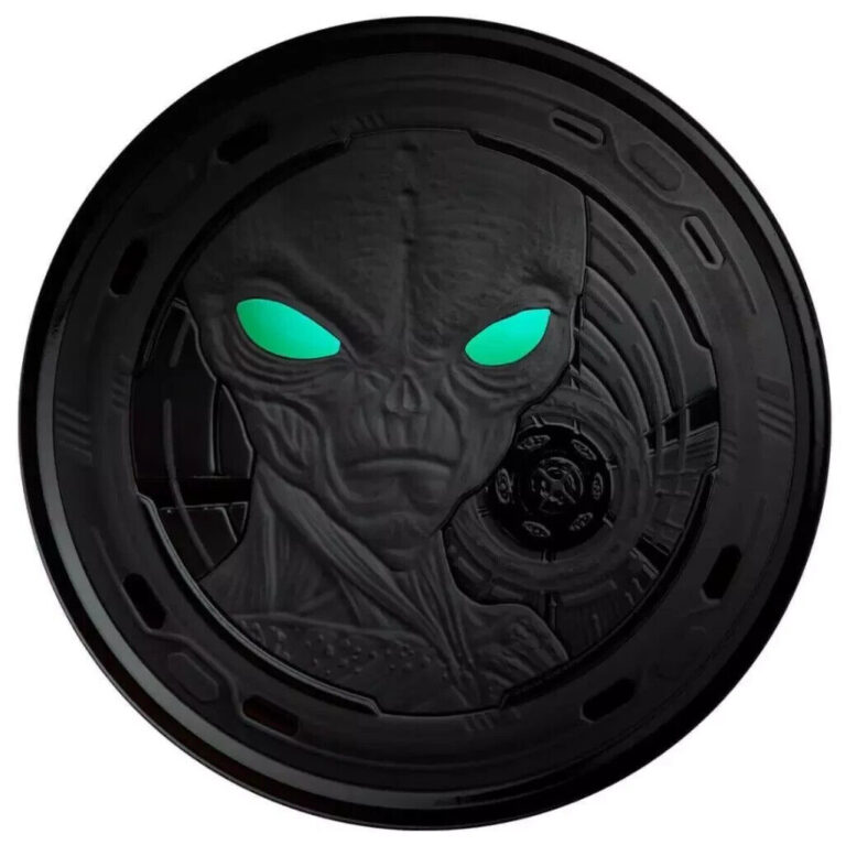 Read more about the article 2022 1 oz Silver Coin Ghana Alien .999 Fine Black Rhodium w/ UV Color