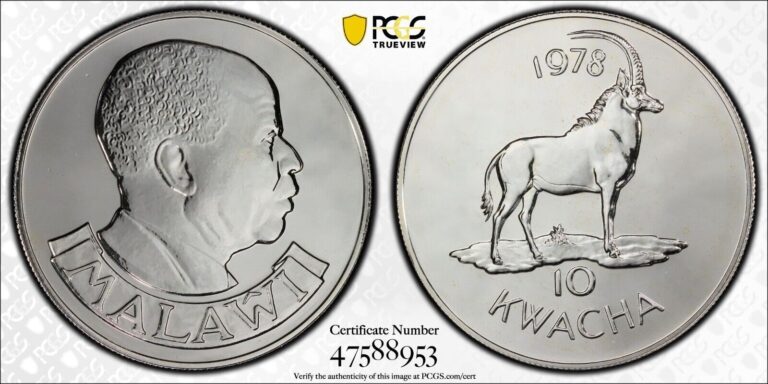 Read more about the article 1978  10 KWACHA MALAWI (SILVER) ANTELOPE   PCGS MS68 #47588953  TOP POP!  1 OF 1