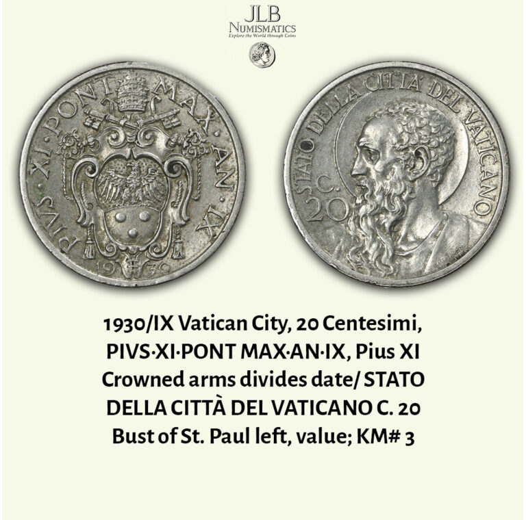 Read more about the article 1930/IX Vatican City  20 Centesimi  Pius XI Coat of Arms  Bust of St. Paul KM#3.