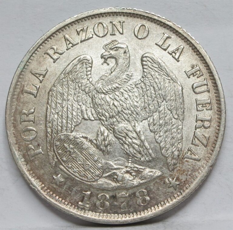 Read more about the article CHILE 20 Centavos 1878 So AU / UNC Silver Condor Bird Santiago Peso Star #C10