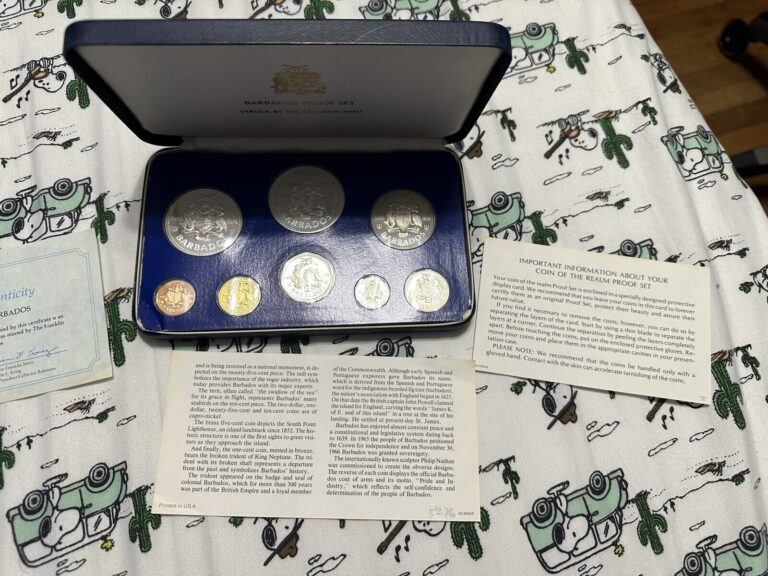 Read more about the article The 1976 Proof Coinage Of Barbados 8 Coin Set. Two Silver Coins. Franklin Mint.