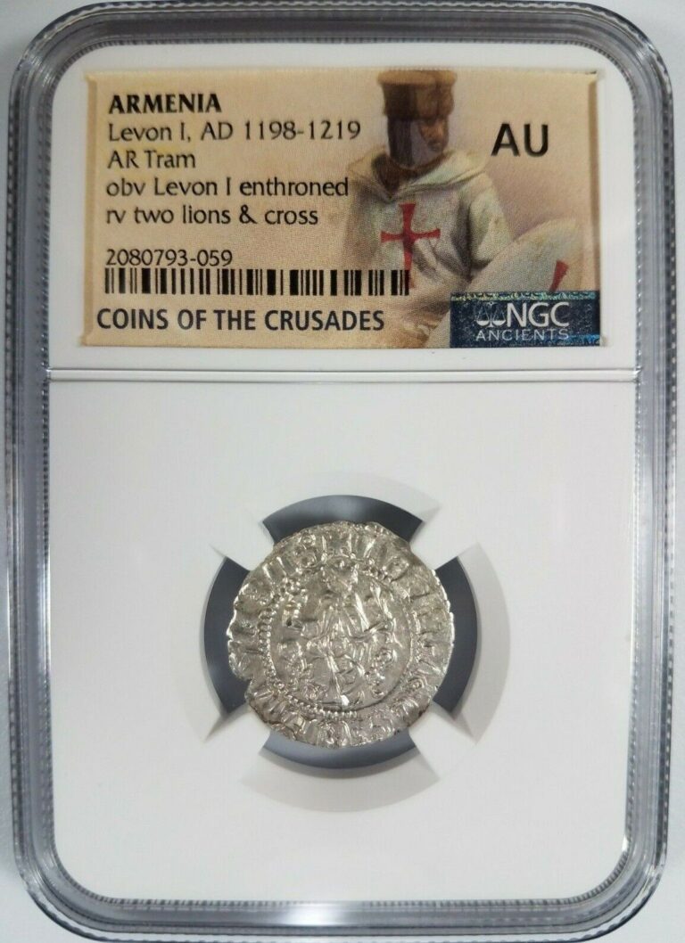 Read more about the article Levon I Armenia NGC AU Silver Tram Medieval Knights Templar Crusader Cross Coin