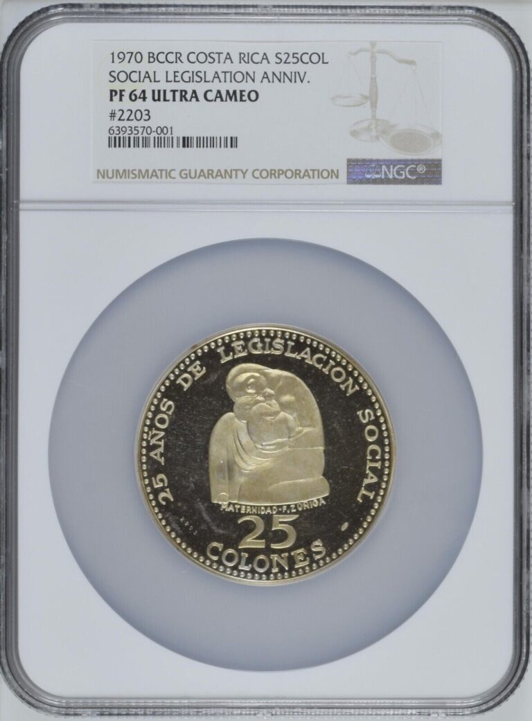 Read more about the article COSTA RICA 25 Colones 1970 Silver NGC PF64 Social Legislation Maternidad