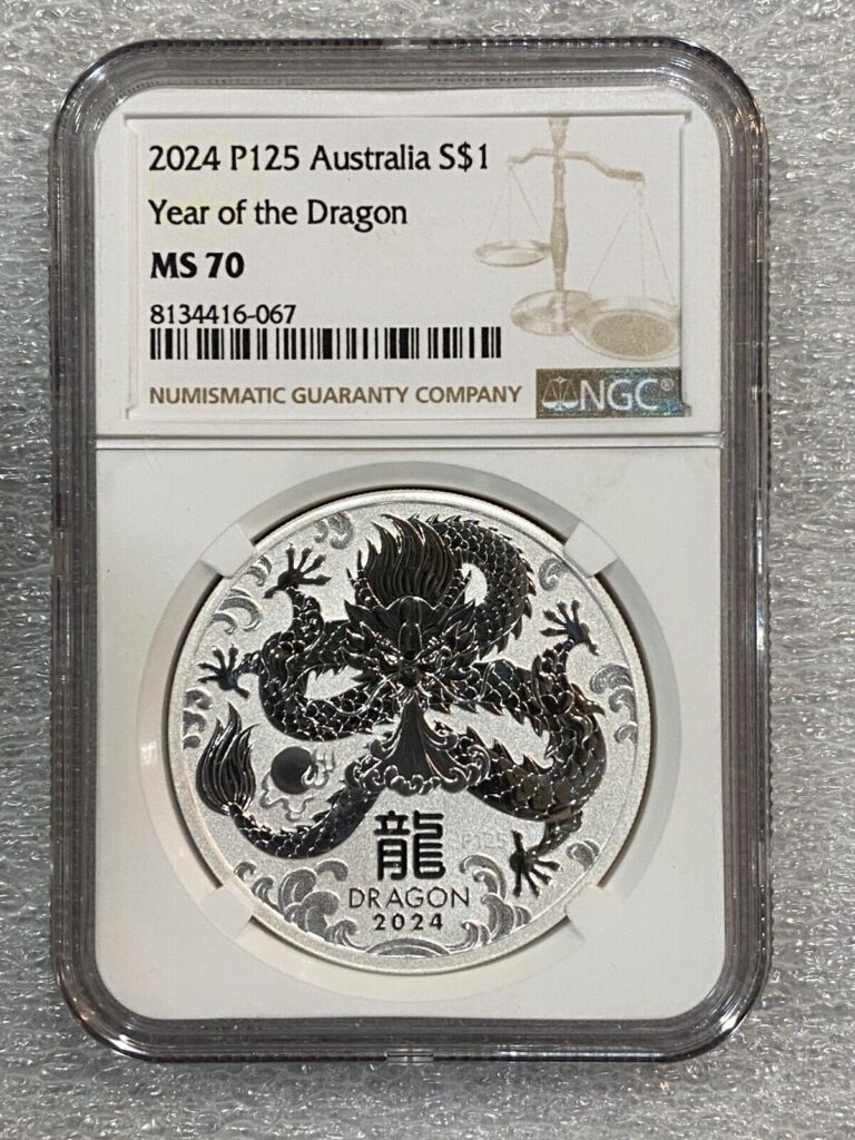 Read more about the article 2024 Australia Silver Lunar Year of the Dragon .9999 Fine 1 oz $1 Coin NGC MS70