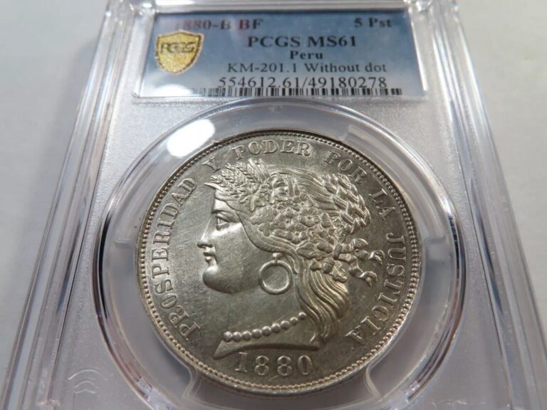 Read more about the article 1880 Peru 5 Pesetas – No Dot – PCGS MS61 Uncirculated w/HD Video – Stunning!