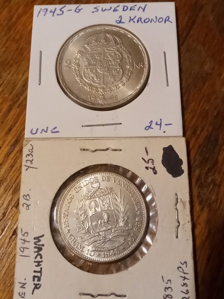 Read more about the article 1945 Venezuela 2 Bolivares. 1945 Sweden 2 Kronor. Gem Uncirculated 2 Coin Lot.