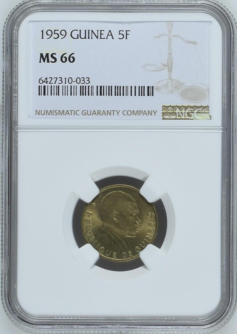 Read more about the article GUINEA 5 Francs 1959 NGC MS66 TOP POP Sekou Toure KM1 One Year Type