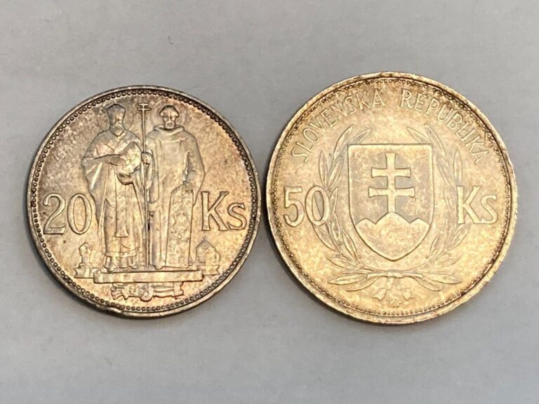 Read more about the article 2x Slovak 20 and 50 Korun Silver Coins: 1941 and 1944 (World War Two Currency)