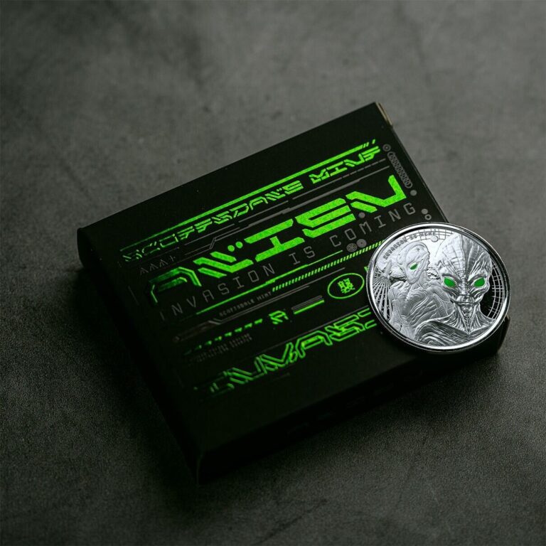 Read more about the article 2023 Ghana Alien Invasion 1 oz Silver Proof Like Color Eyes Coin w/COA and Box