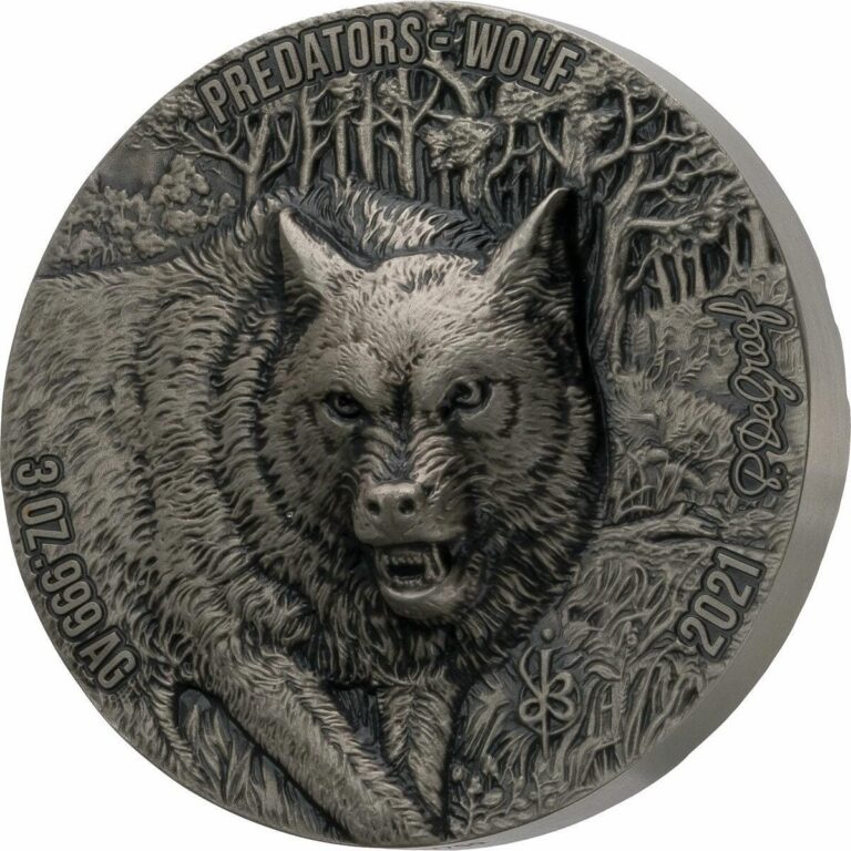 Read more about the article 2021 Ivory Coast Predators Wolf 3 oz Silver Antiqued High Relief Coin