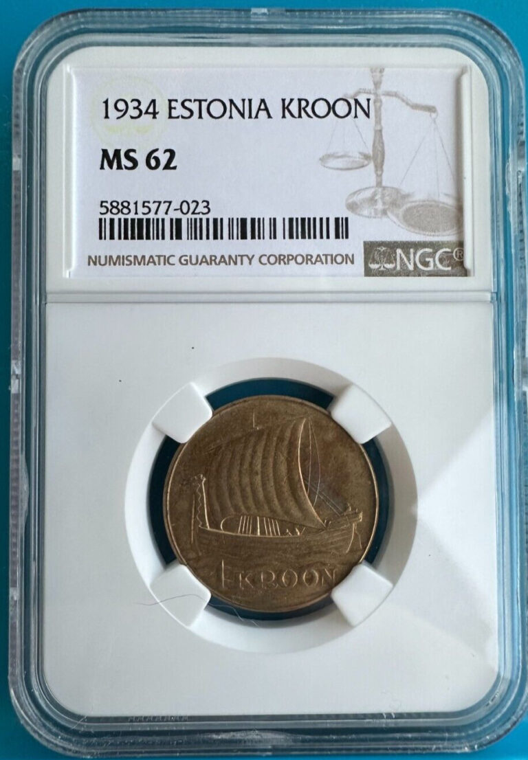 Read more about the article Estonia 1934 UNC MS62 1 Kroon Coin “Viking Ship”. Nice Toning. KM#16