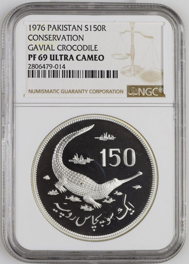 Read more about the article PAKISTAN 150 Rupees 1976 Silver NGC PF69 Conservation Gavial Crocodile