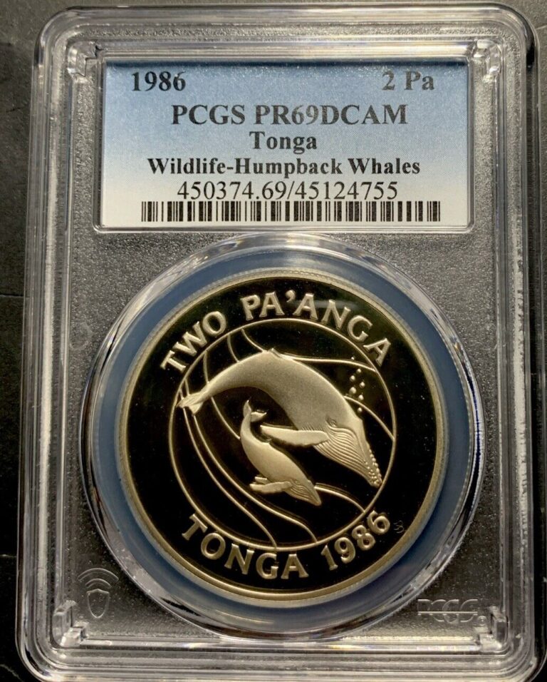 Read more about the article Tonga 1986 2 Pa’anga / Humpback Whales Silver Prf- PCGS PR69DCAM- Beautiful Coin