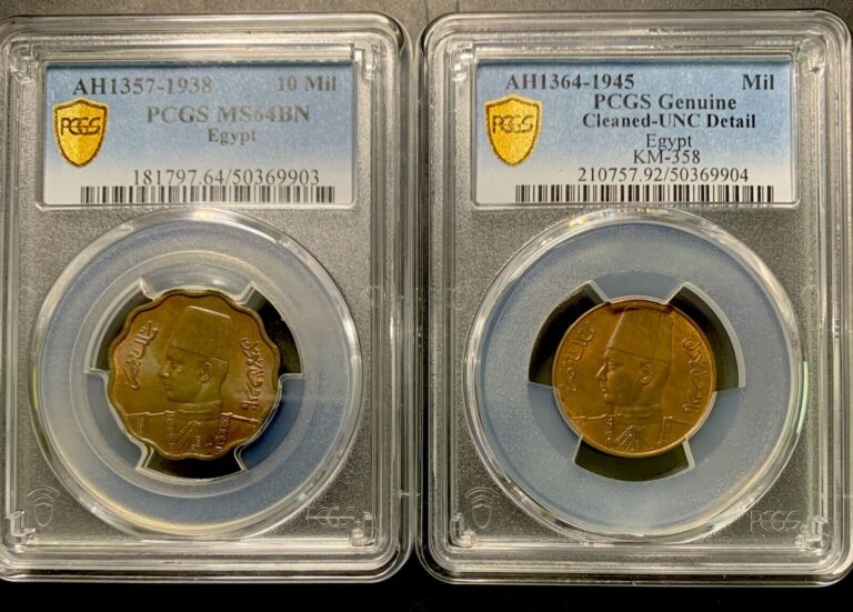 Read more about the article Egypt AH1357-1938 10 Mil / PCGS MS64 and AH1364-1945 Mil / PCGS Unc  cl /Nice Pair