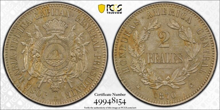 Read more about the article !BEAUTIFUL COIN FROM HONDURAS¡ MEDINA PATTERN  2 Real 1870  KM-PN11.  PCGS SP62.