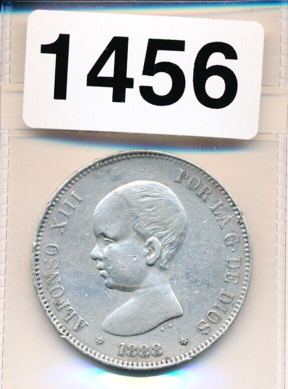 Read more about the article SPAIN  – 1888 BABY HEAD  5 PESETAS SILVER CROWN – #1456