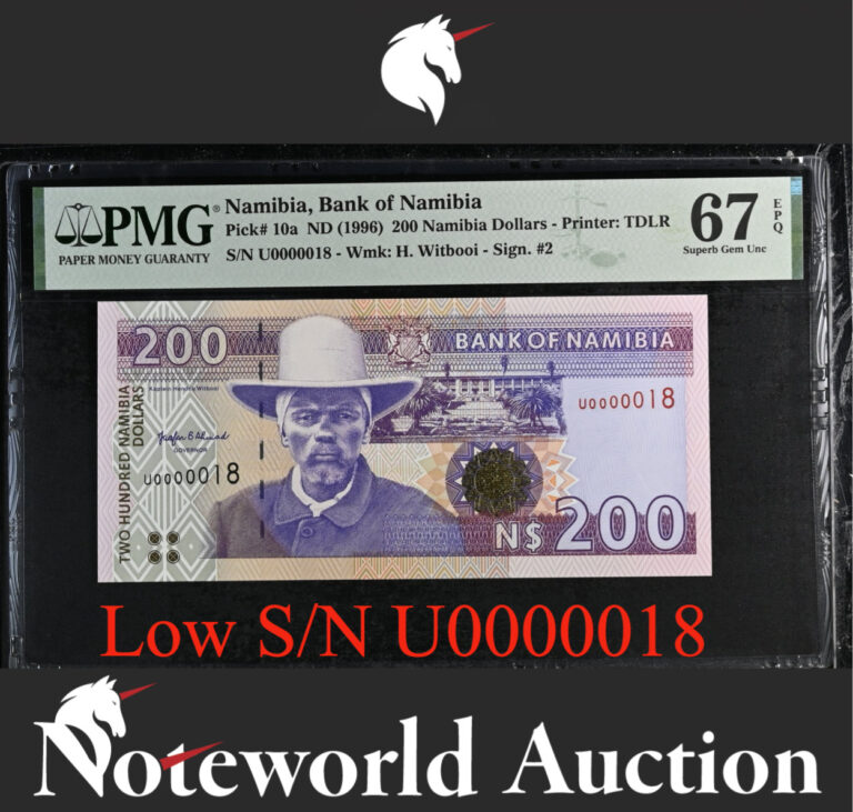 Read more about the article Namibia  200 Namibia Dollars ND (1996) P 10a LOW S/N 0000018 UNC PMG 67 EPQ