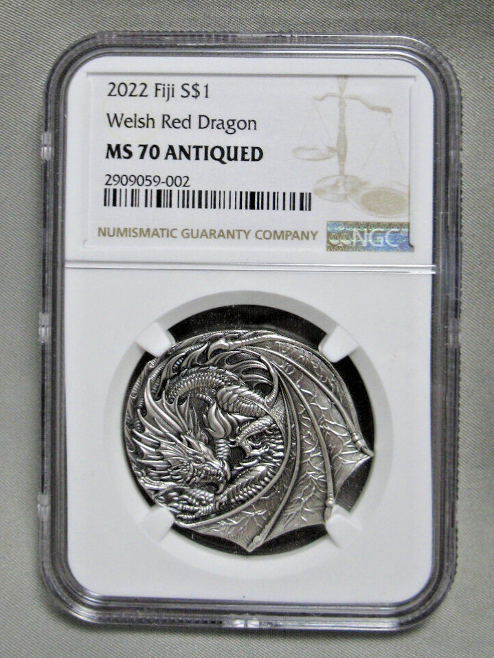 Read more about the article 2022 Fiji Welsh Dragon Shaped 1 oz .999 Fine Silver Coin – NGC MS 70