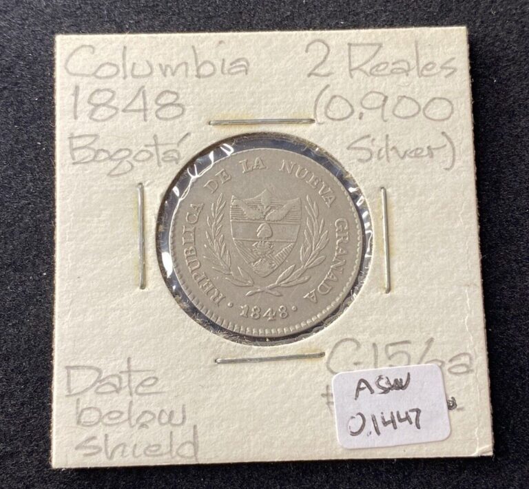 Read more about the article 1848 Colombia 2 Reales 0.9000 Silver ASW 0.1447 Oz Free Shipping