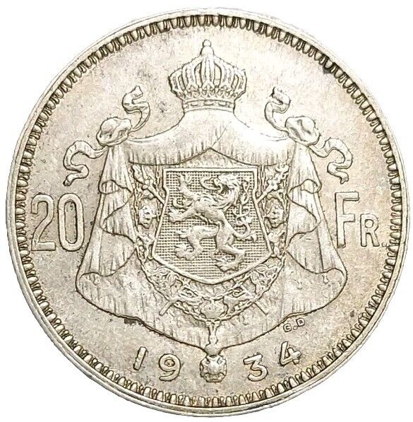 Read more about the article 1934 Belgium 20 Francs Albert I VF Old Silver Coin KM 104