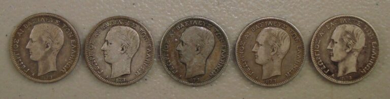 Read more about the article Lot of (5) 1873 Greece Silver 1 Drachma Coins F-VF