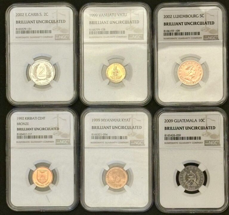 Read more about the article Lot Of 6 NGC Graded Foreign Coins- Brilliant Uncirculated- Myanmar  Guatemala…