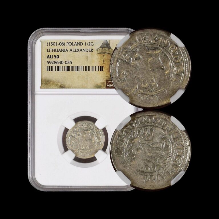 Read more about the article LITHUANIA. c. 1495  1/2 Groschen  Silver – NGC AU50 – Vytis / Eagle.