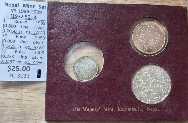 Read more about the article Lot of 3 1932-52 (VS-1989-2009) Nepal Silver His Majesty’s Mint Unc. Sets in OGP