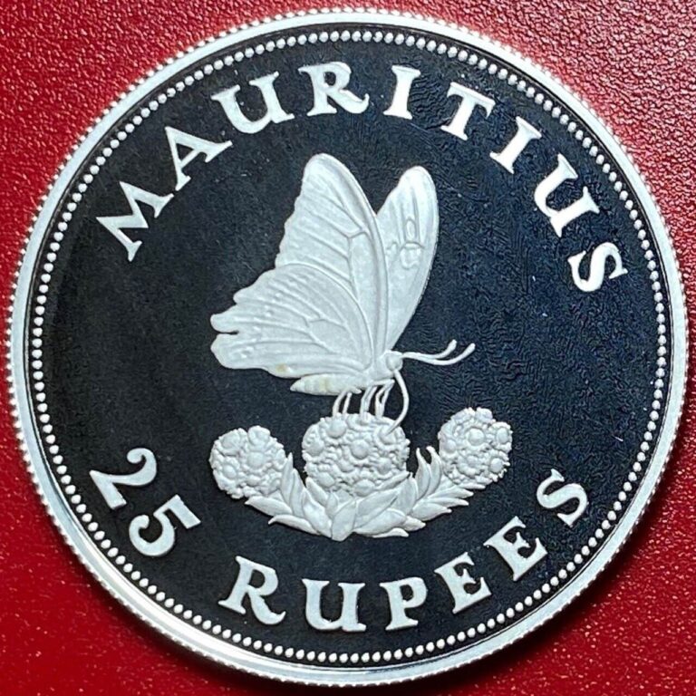 Read more about the article 1975 MAURITIUS 25 RUPEES SILVER GEM PROOF BUTTERFLY FLOWERS FLORA FAUNA WILDLIFE