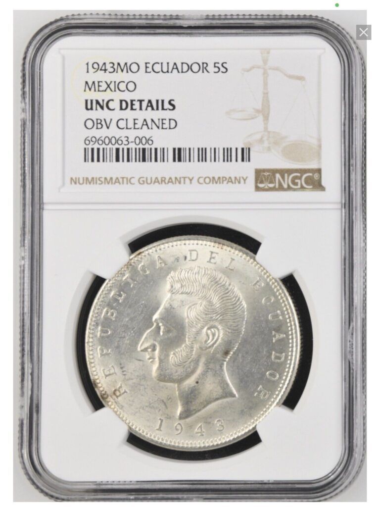 Read more about the article 1943MO Ecuador 5 Sucres silver coin NGC UNC