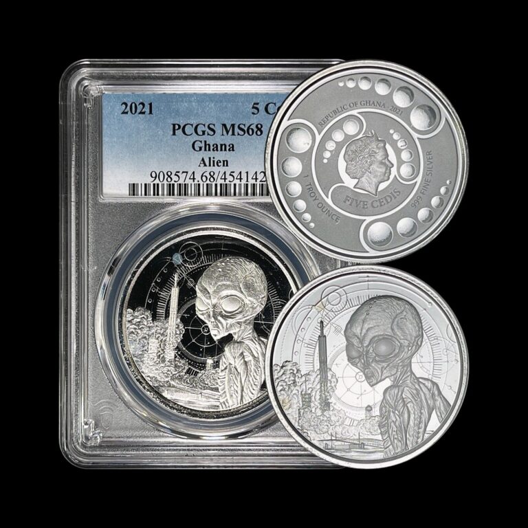 Read more about the article GHANA. 2021  5 Cedis  Silver – PCGS MS68 – Top Pop 🥇 Alien  Crop Circles