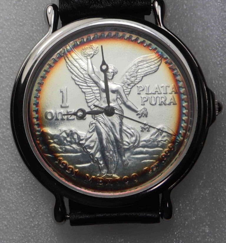 Read more about the article Mexico 1991 Libertad 1 Onza Plata Pura – COINWATCH w leather strap+new batterie