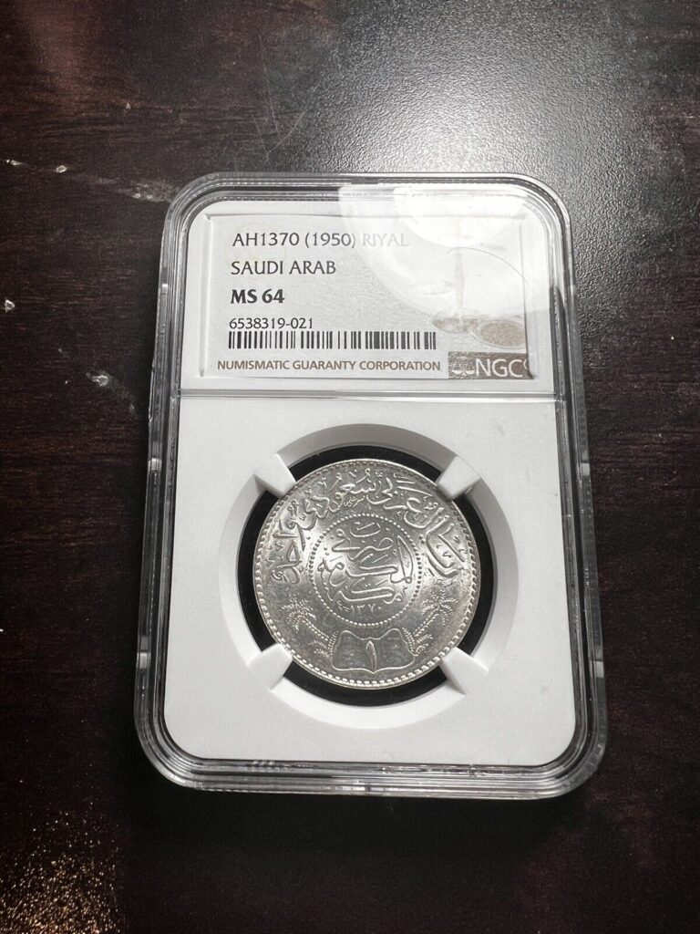Read more about the article SAUDI ARABIA AH1354(1950) SILVER 1 RIYAL Ms64 Ngc Foreign Silver World Silver