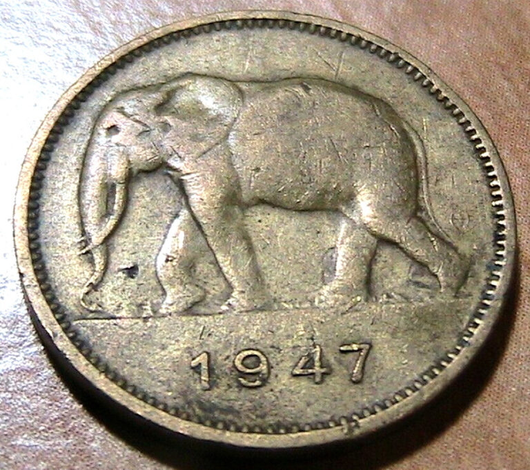 Read more about the article 1947 Congo 2 Francs Original VF+ African Elephant Zaire Belgian Belge Congo Coin