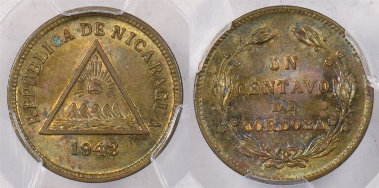 Read more about the article Nicaragua 1943 Centavo PCGS Environmental Damage-UNC Detail Very Glossy Blue+Ora