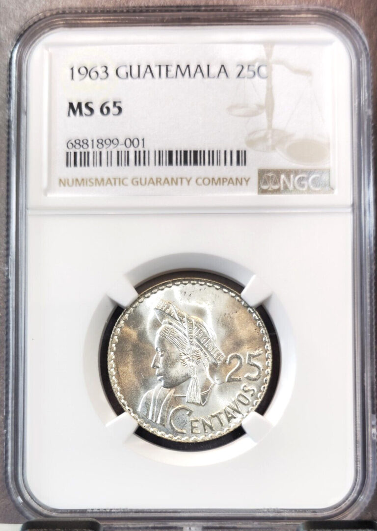 Read more about the article 1963 GUATEMALA SILVER 25 CENTAVOS NATIVE HEAD NGC MS 65 SCARCE GEM BU BEAUTY